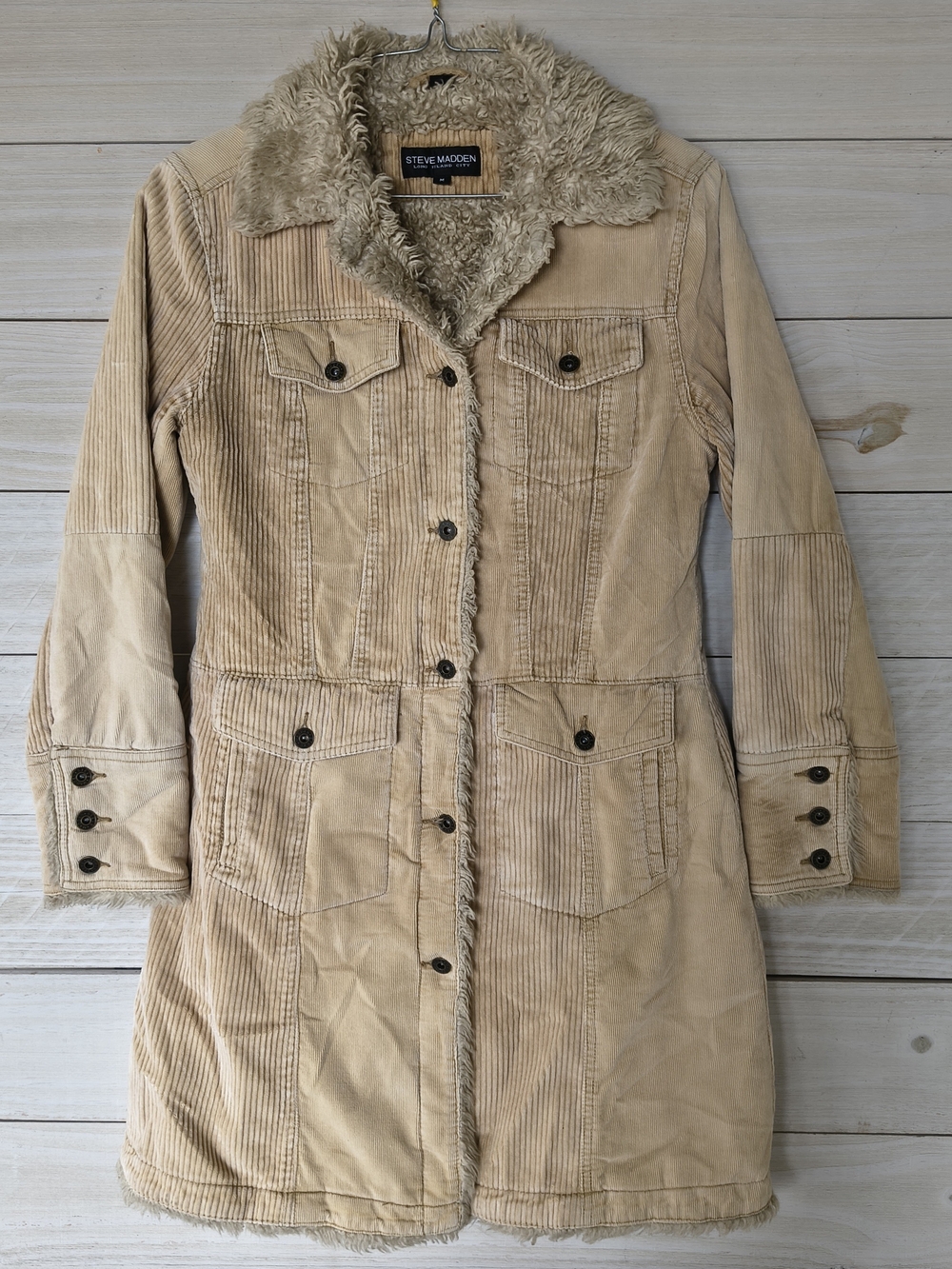 Steve Madden Beige Corduroy Trench Coat with Faux Shearling Collar